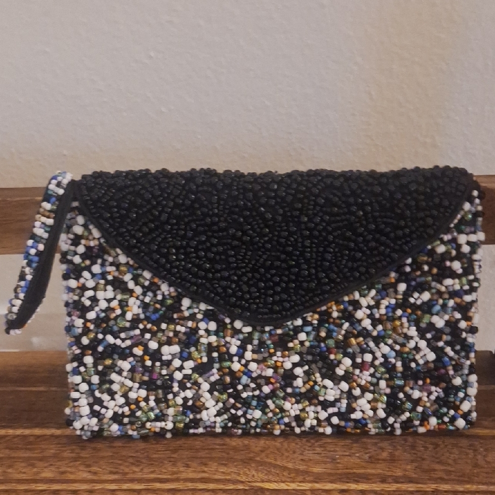 Unique One Of A Kind Black and Multicolor Beaded Clutch Handmade